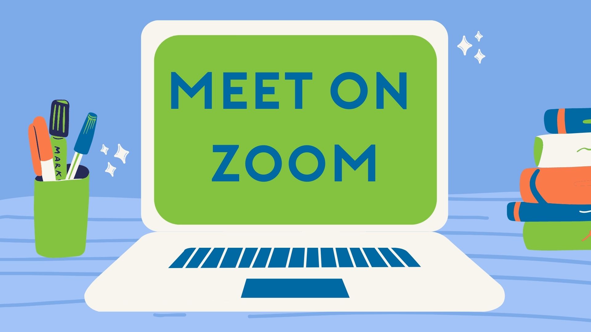 Clip art of laptop with Meet on Zoom words